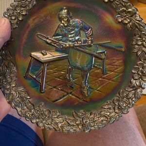 Fenton Iridescent Multicolor Carnival Glass Plate with Craftsman Motif.